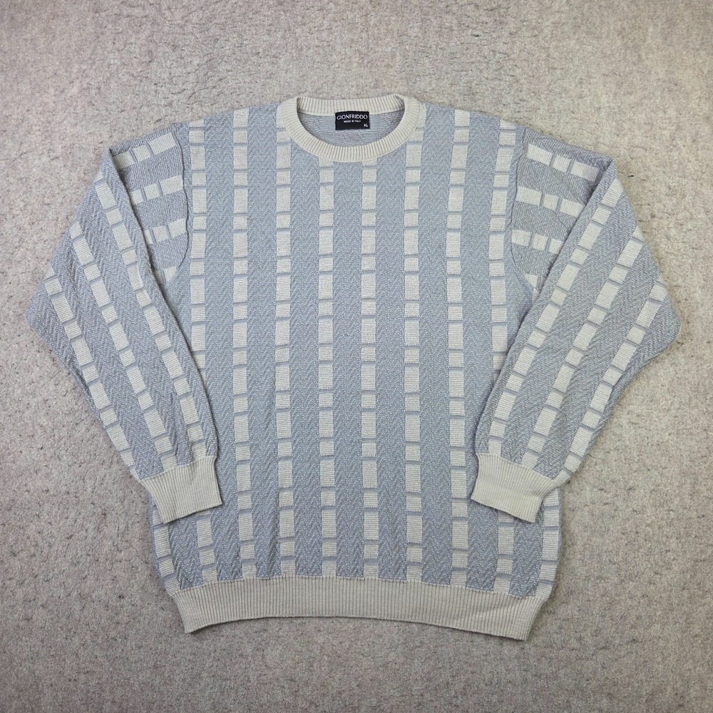 Vintage 90s Gionfriddo Sweater Mens XL Gray Wool Vertical Geometric Made Italy